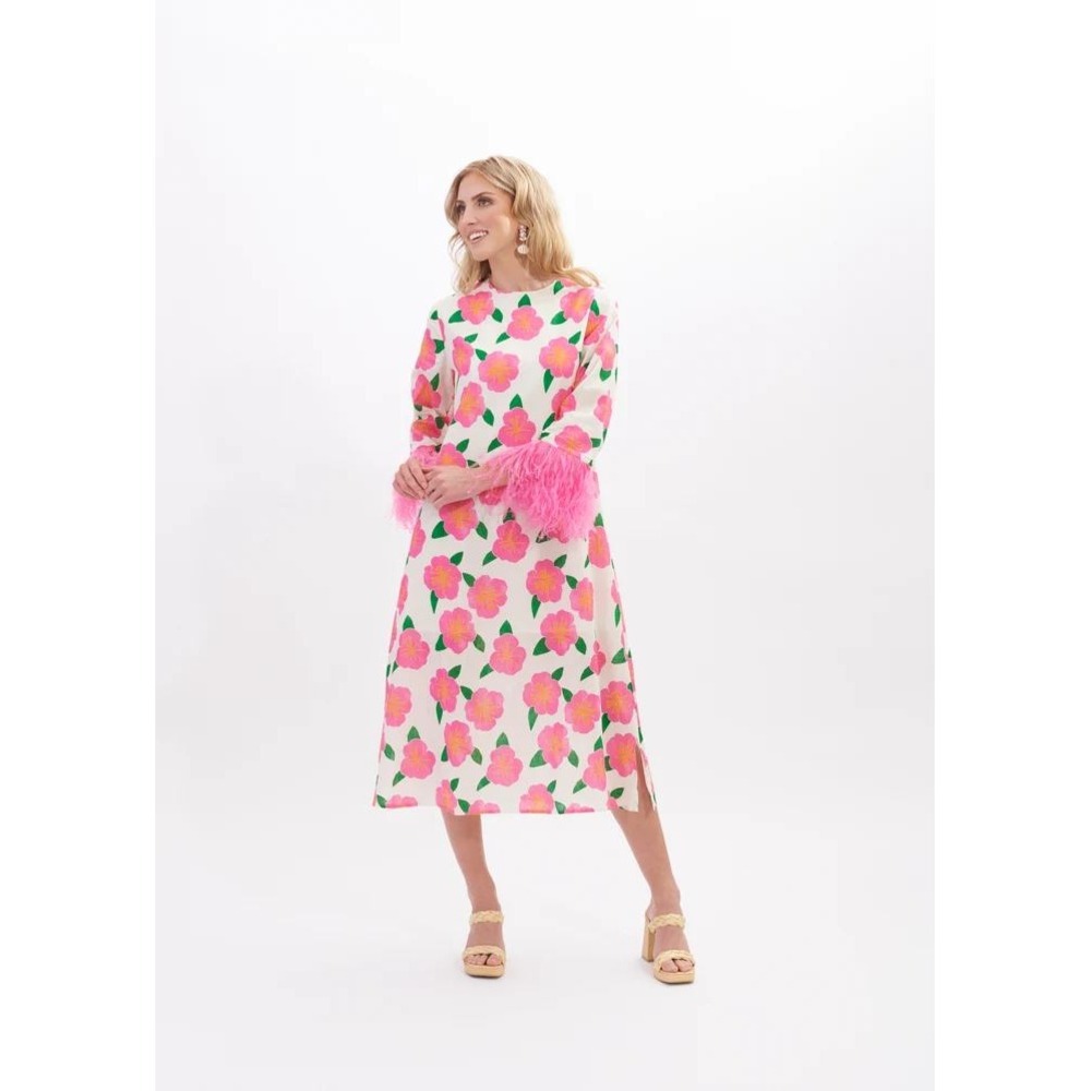 Kathleen Maeve Dolly Feather Kaftan Dress Women Hibiscus Pink Floral Medium